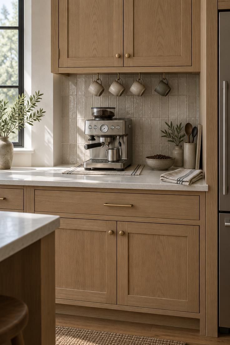 Simple Spaces 24 Bright modern residential kitchen with a built-in coffee bar setup featuring white oak cabinetry, honed quartz counter, espresso machine, vertical handmade-look tile backsplash, hanging mugs, and a bowl of coffee beans in soft natural light.