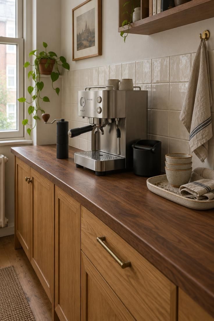 Coffee Bar Styling Ideas That Work Beautifully in Small Kitchens 1 A narrow kitchen counter with a compact espresso machine, hand grinder, knock box, and a tray of stacked cups arranged in workflow order.