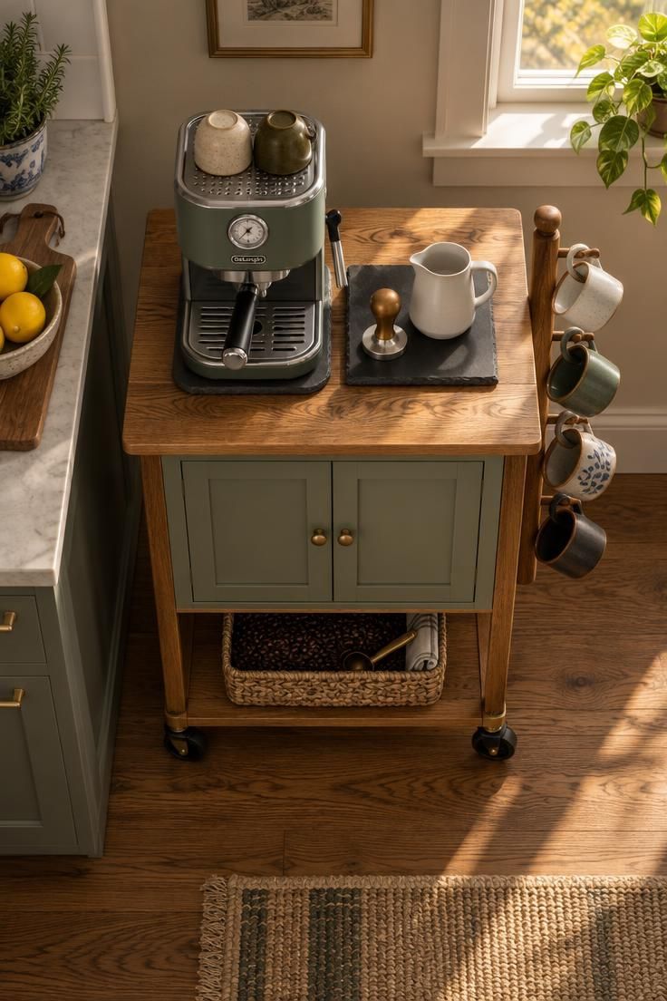 Coffee Bar Styling Ideas That Work Beautifully in Small Kitchens 2 An overhead view of a rolling wooden cart used as a coffee station, with an espresso machine on top, a mug tree on the side, and closed storage below.