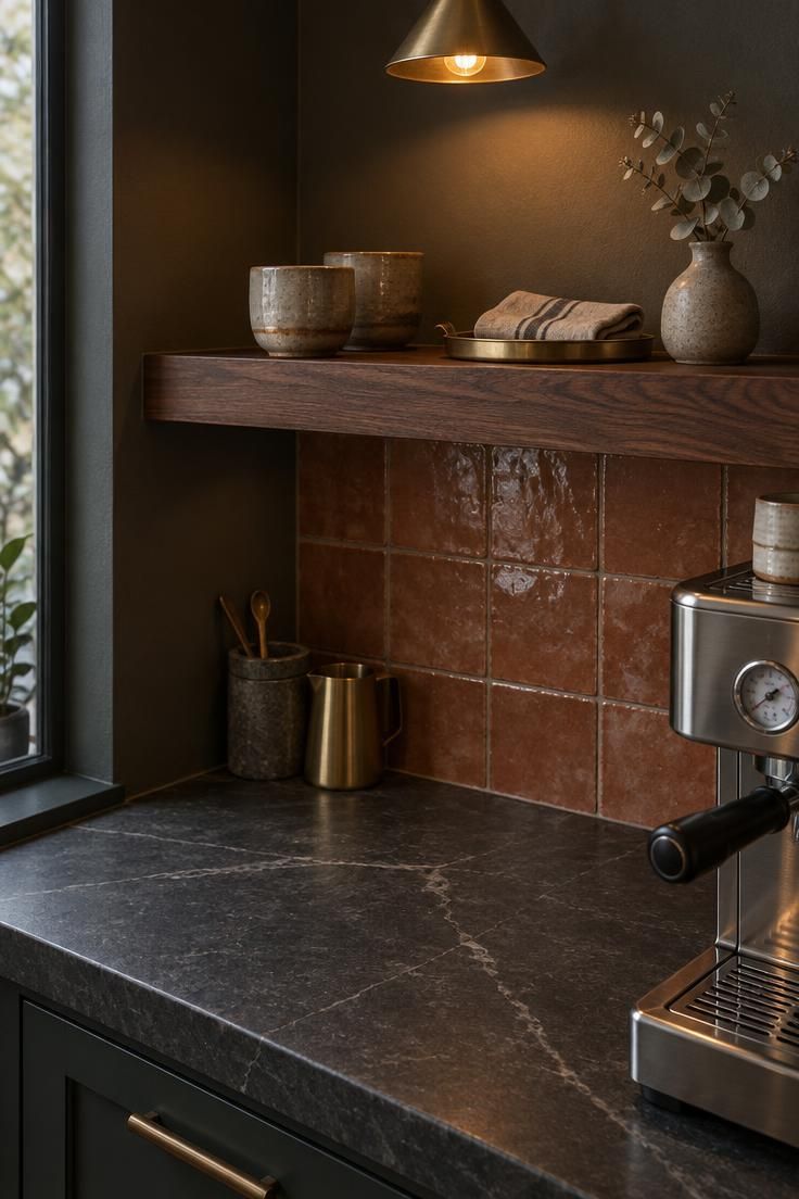 Coffee Bar Styling Ideas That Work Beautifully in Small Kitchens 3 A close-up of a coffee bar corner with a honed soapstone counter, terracotta handmade tile backsplash, and a walnut shelf holding ceramic cups and a brass tray.