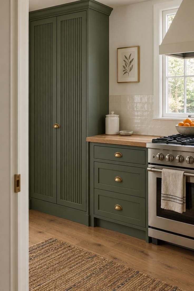 Coffee Bar Styling Ideas That Work Beautifully in Small Kitchens 4 A small kitchen with a closed deep-sage appliance garage cabinet beside the range and a mostly cleared countertop below it.