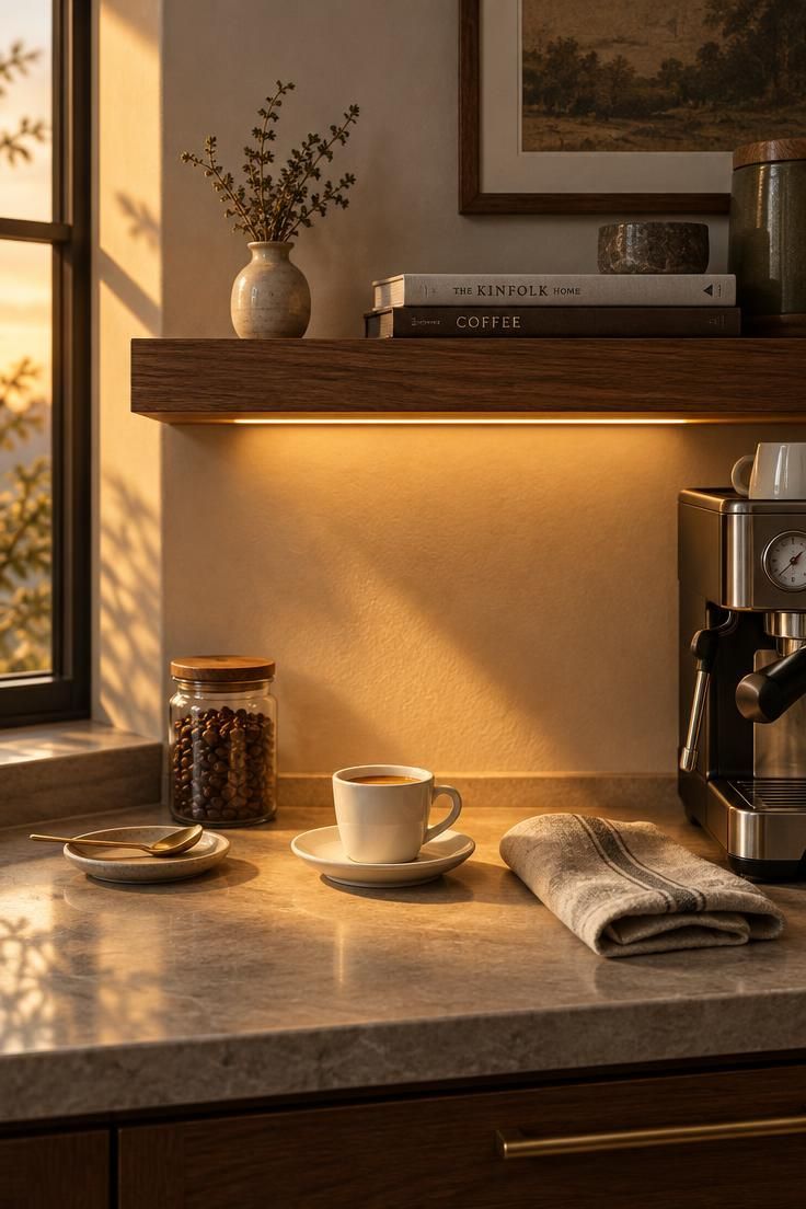 Coffee Bar Styling Ideas That Work Beautifully in Small Kitchens 5 A walnut floating shelf with a hidden LED strip washing warm light over a small espresso station with a white cup and linen towel below.