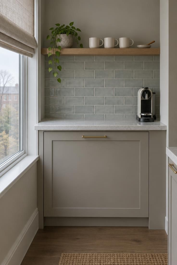 Coffee Bar Styling Ideas That Work Beautifully in Small Kitchens 6 A small coffee corner with a closed lower cabinet and one open shelf holding three matching mugs, a small plant, and a wooden spoon.