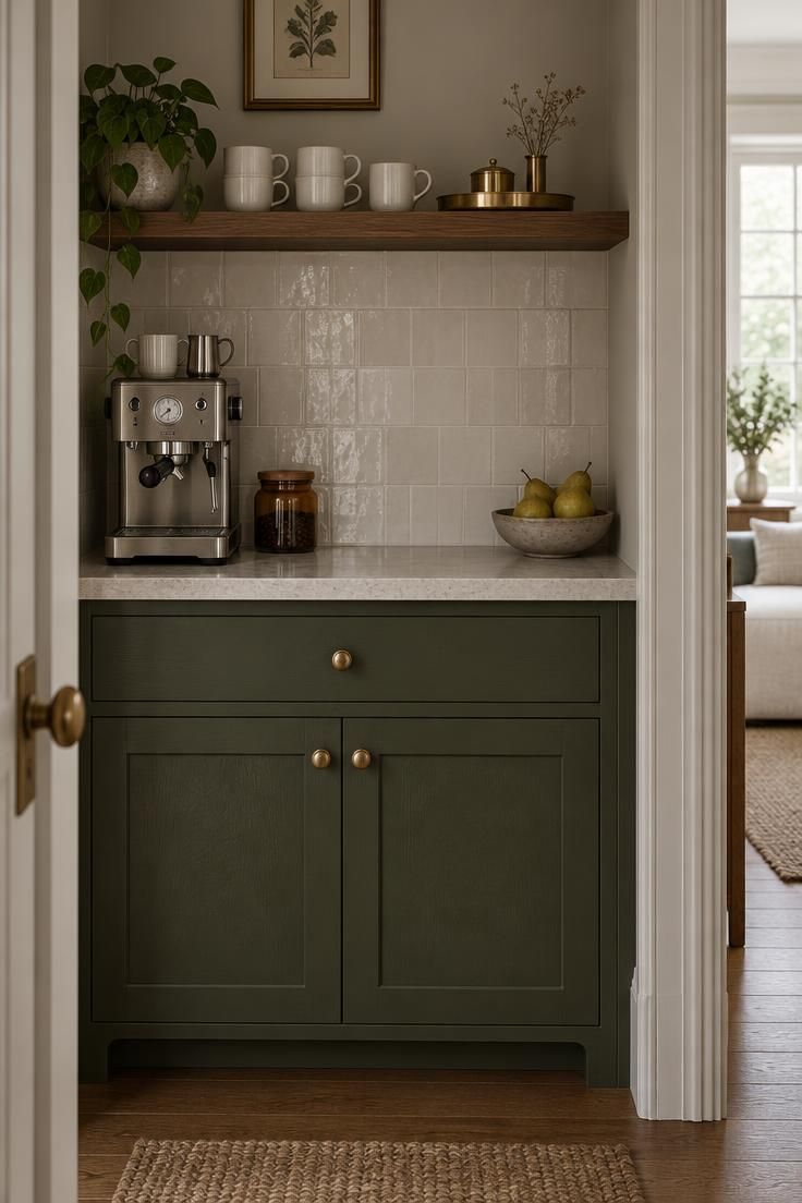Coffee Bar Styling Ideas That Work Beautifully in Small Kitchens 7 A small coffee bar with a deep olive green lower cabinet, pale honed stone counter, cream tile backsplash, and one open walnut shelf with brass hardware.