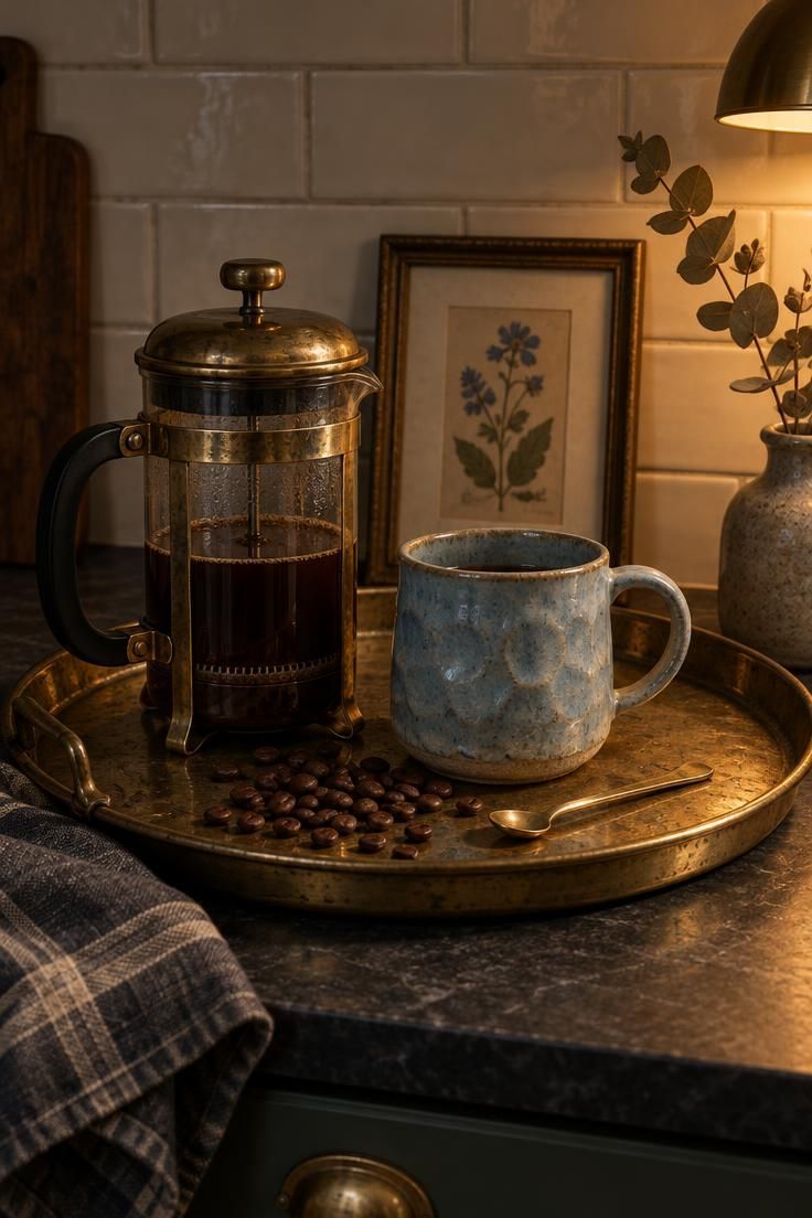 Coffee Bar Styling Ideas That Work Beautifully in Small Kitchens 8 A close-up of a coffee station with a vintage brass tray holding a French press, a handmade ceramic mug, and a framed botanical print.