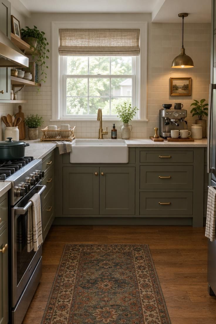 Coffee Bar Styling Ideas That Work Beautifully in Small Kitchens 9 A wide view of a small kitchen where the coffee bar occupies one end of the main counter, set apart by a tile change and a lower pendant, with the stove and sink visible nearby.