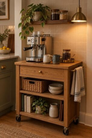 A cozy small kitchen coffee bar corner with a warm oak cart, espresso machine, two handmade mugs, a brass tray, and a floating shelf with a plant and jars under a warm pendant.