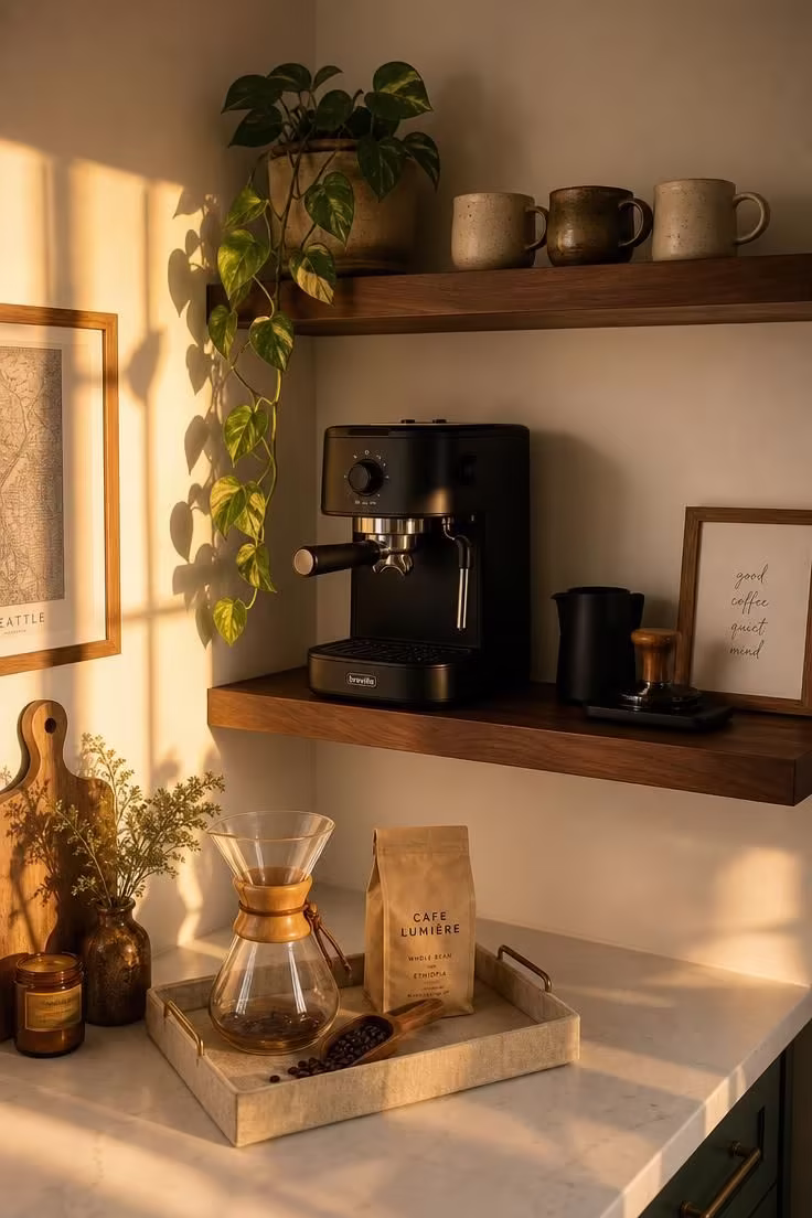 How a Coffee Bar With Floating Shelves Turns a Dead Kitchen Corner Into the Best Spot 1 A warm kitchen corner with walnut floating shelves holding an espresso machine and ceramic mugs, bathed in golden afternoon light.