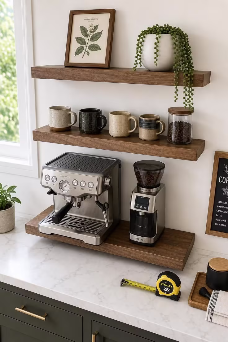 How a Coffee Bar With Floating Shelves Turns a Dead Kitchen Corner Into the Best Spot 2 A bright kitchen coffee station with three floating shelves at staggered heights, showing an espresso machine, stoneware mugs, and a trailing plant under even midday light.