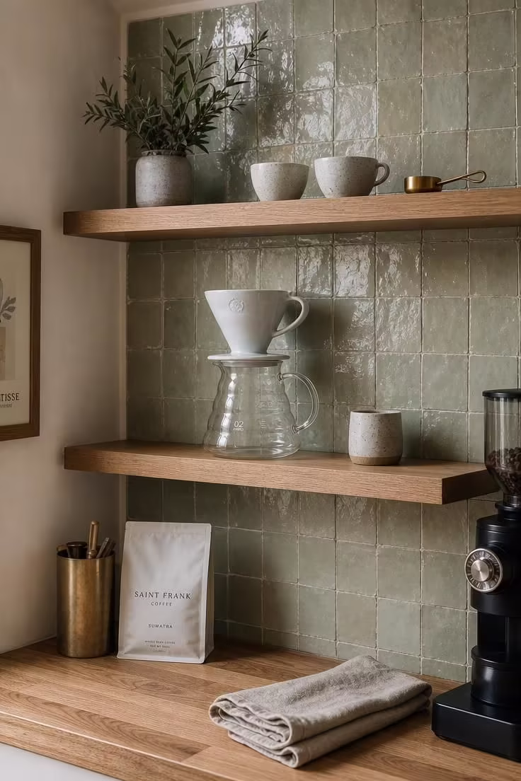How a Coffee Bar With Floating Shelves Turns a Dead Kitchen Corner Into the Best Spot 3 A coffee bar corner with sage green zellige tile backsplash, light oak floating shelves, and a ceramic pour-over dripper in soft diffused light.