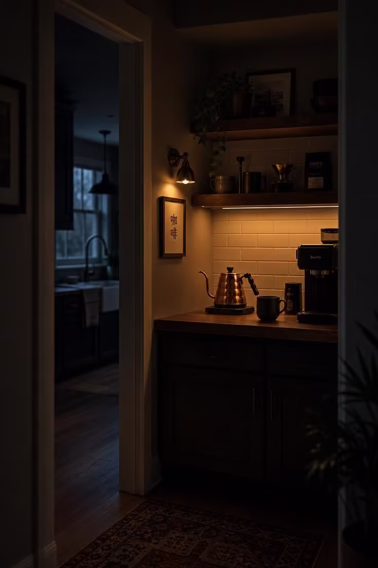 How a Coffee Bar With Floating Shelves Turns a Dead Kitchen Corner Into the Best Spot 4 A moody pre-dawn kitchen with a coffee bar lit by under-shelf LED strips and a brass wall sconce, casting warm amber light across dark oak shelves.