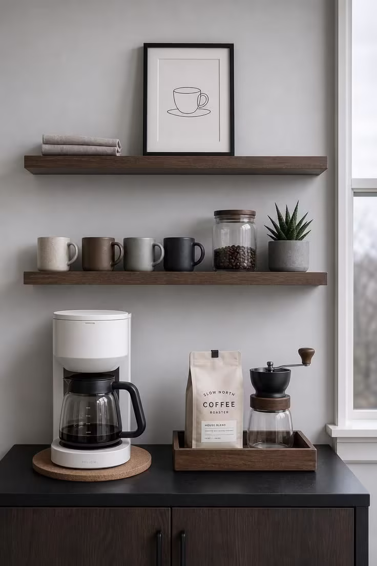 How a Coffee Bar With Floating Shelves Turns a Dead Kitchen Corner Into the Best Spot 5 A three-shelf coffee station against a gray wall with coordinated mugs, a glass bean jar, and a framed print, lit by cool overcast light with generous negative space on the top shelf.