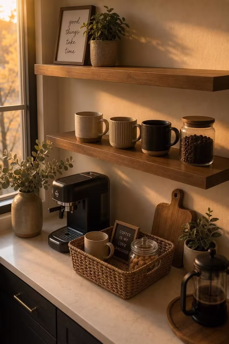 How a Coffee Bar With Floating Shelves Turns a Dead Kitchen Corner Into the Best Spot 6 A coffee bar corner mid-edit, with items being removed from a floating shelf onto the counter in warm golden-hour light.
