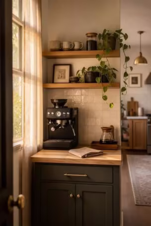 A finished coffee bar corner with honey oak floating shelves, zellige tile backsplash, and a matte black espresso machine, framed through a kitchen doorway in warm late-afternoon light.