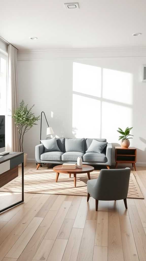 A modern minimalist living room featuring a light color palette with a cozy sofa, simple furniture, and decorative plants.