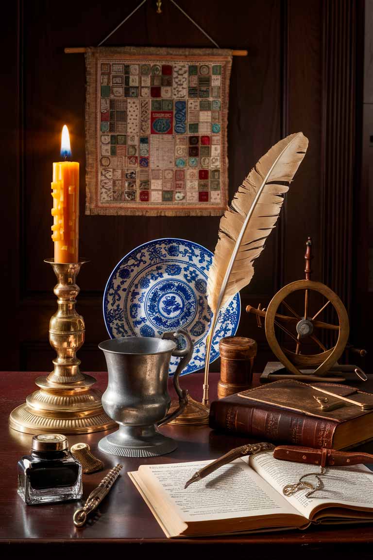 A collection of colonial-style accessories arranged on a wooden surface. In the center, a brass candlestick holds a tall beeswax candle. To the left, a small pewter tankard sits next to a blue and white porcelain plate. On the right, a quill pen rests in an inkwell. In the background, a small spinning wheel and a leather-bound book. A sampler hangs on the wall behind the display.