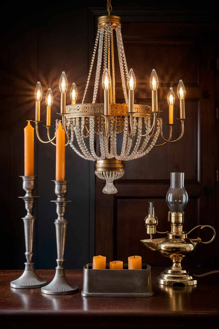 A collection of colonial-style lighting fixtures. In the center, a brass chandelier with candle-style bulbs. To the left, a pair of pewter candlesticks holding beeswax candles. On the right, a brass oil lamp with a glass chimney. In the foreground, a simple wooden candle box holds spare candles.