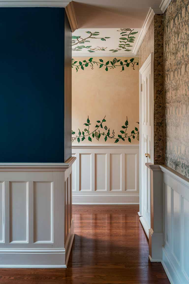 A series of colonial-style wall treatments. On the left, a section of wall with deep blue paint above white wooden wainscoting. In the center, a wall painted in a warm, creamy color with a stenciled border of vines and leaves near the ceiling. On the right, a section of wall covered in a small-scale, nature-inspired wallpaper in muted tones.