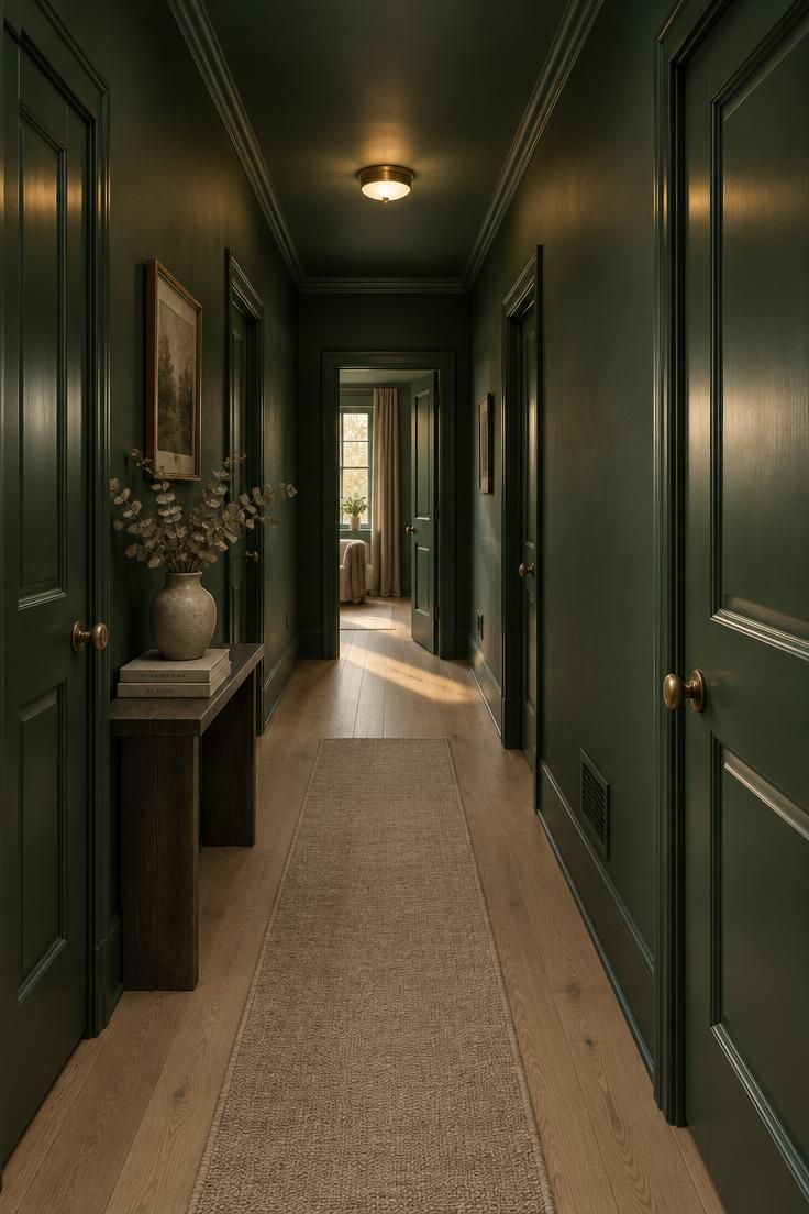 A deep forest green hallway with the ceiling, trim, and doors painted the same color, a pale oak floor, a brass ceiling light, and a wool runner.