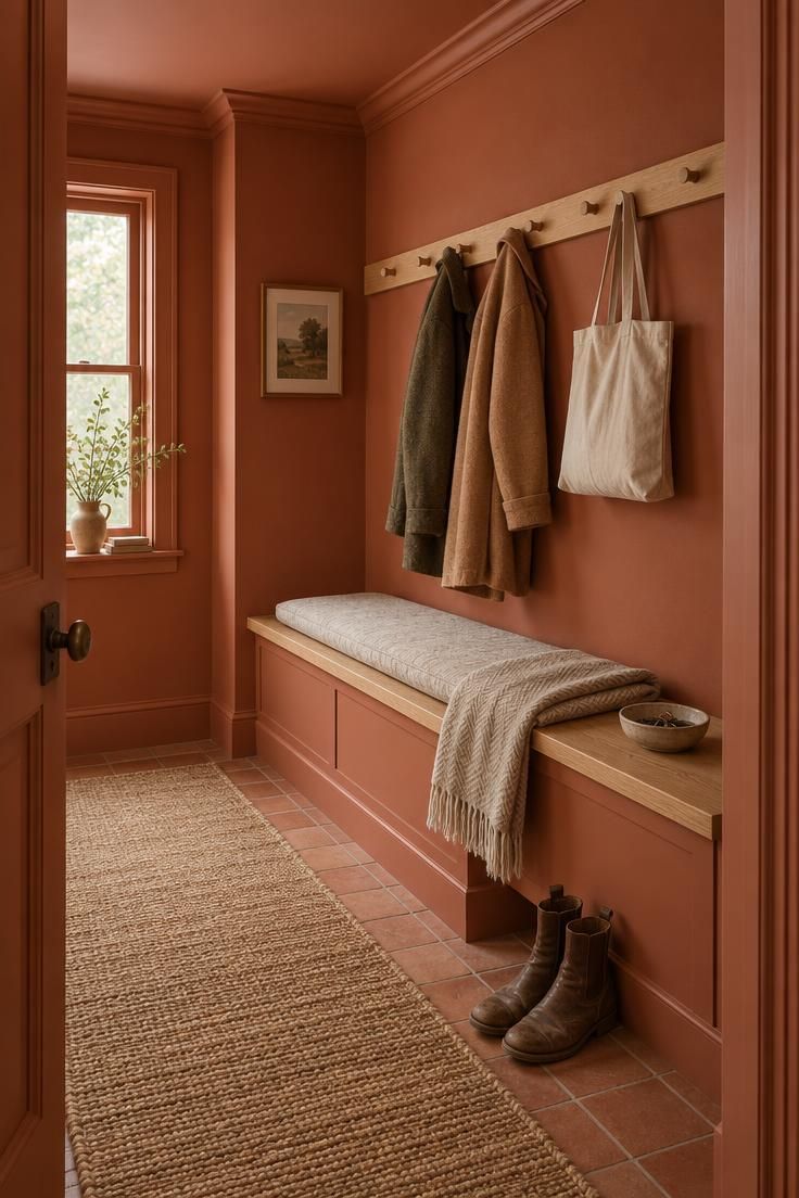 A terracotta hallway corner with a built-in bench painted the same color, an oak peg rail with coats, a woven cushion, and a jute runner.