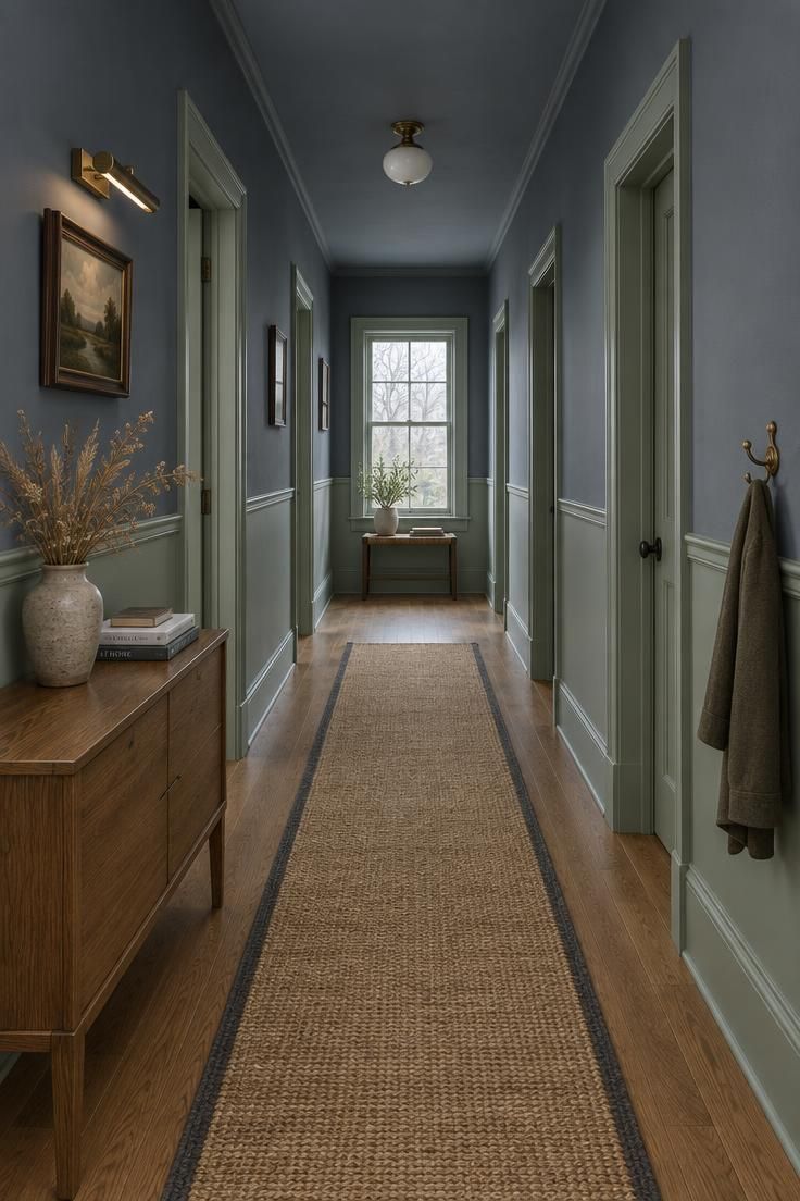 A hallway with slate blue-gray upper walls and a sage green lower wall divided by a chair rail, with a jute runner and a small framed painting.