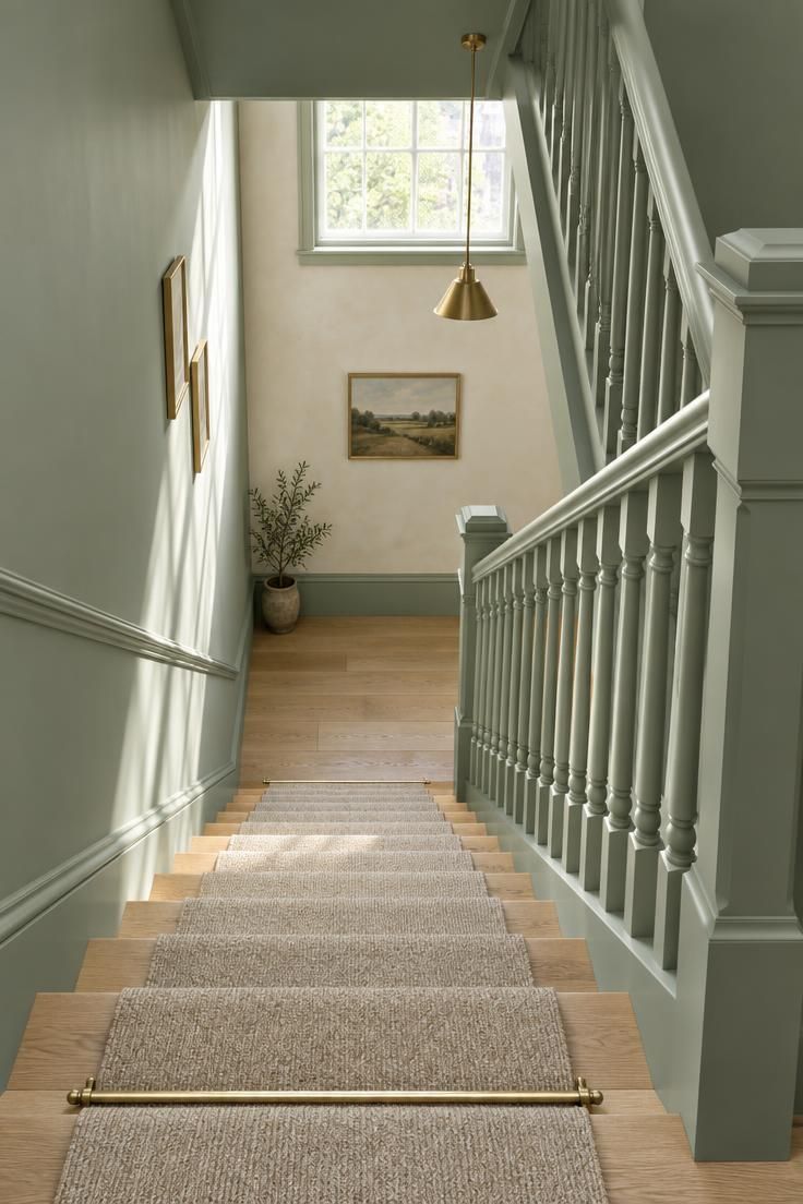 A stairwell painted entirely in soft sage green including handrail and balusters, with natural oak treads and bright daylight from above.