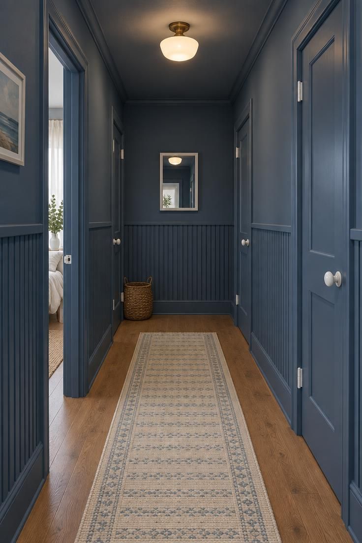 A dusky blue hallway with half-height ribbed paneling and white porcelain doorknobs on three doors under warm ceiling light.