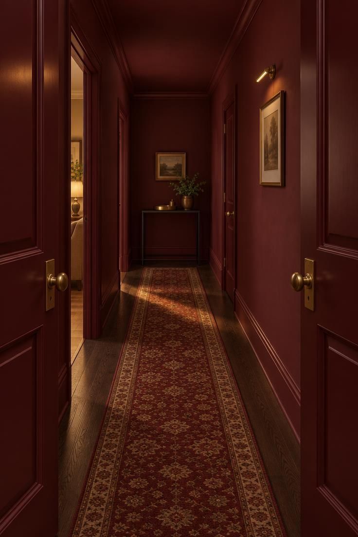 An oxblood red hallway with a dark oak floor, a deep red and tan patterned runner, brass hardware, and one small framed artwork under a brass picture light.