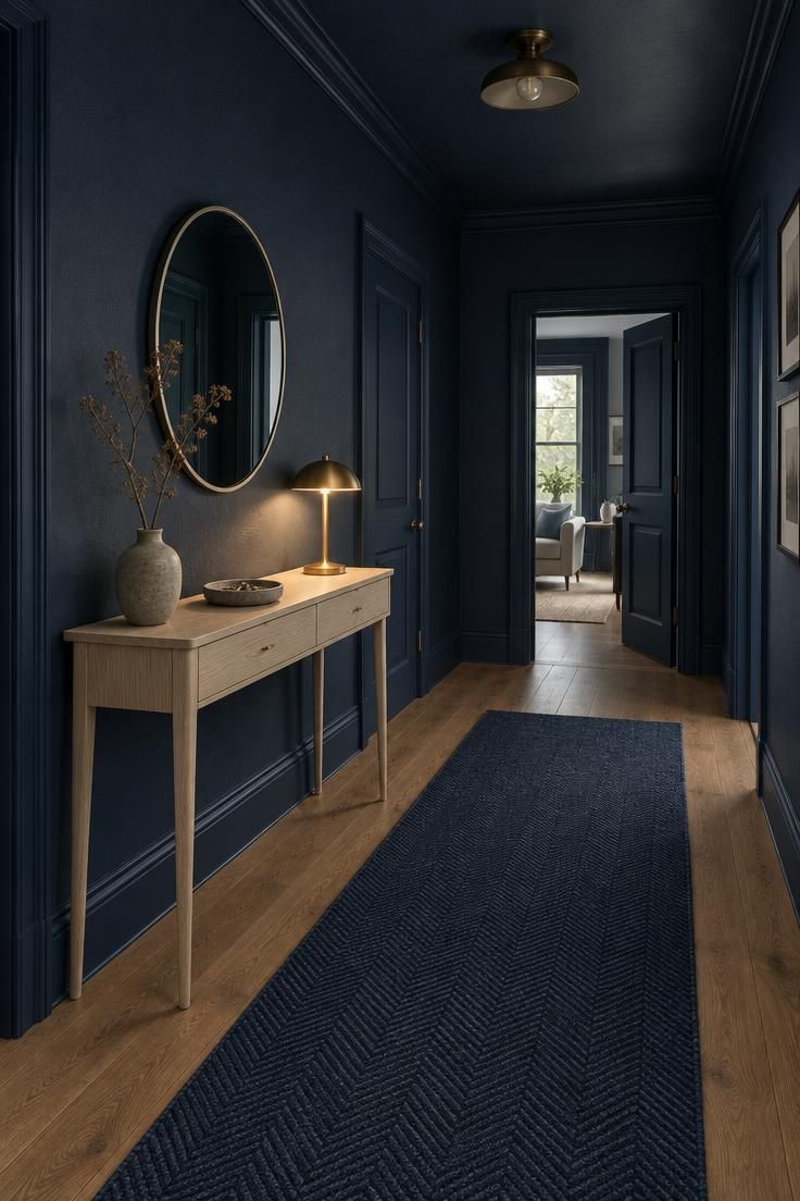A short inky navy hallway with a pale ash console table and a small round mirror above it, a navy runner on the floor.
