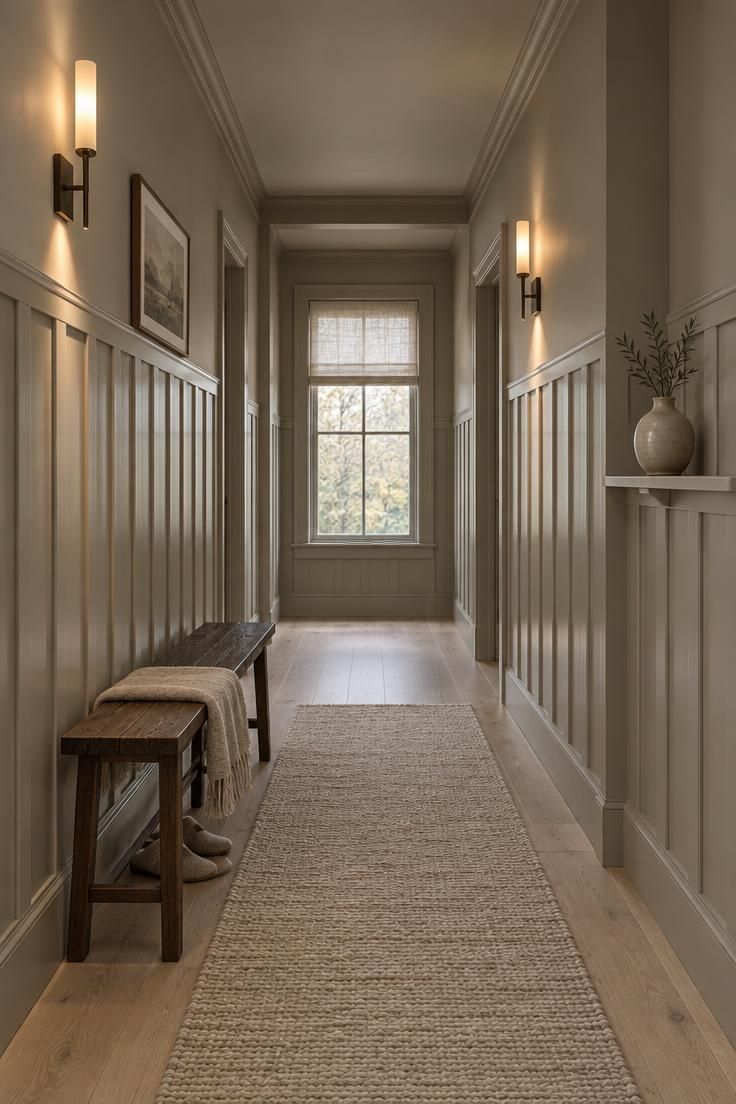 A warm greige hallway with tone-on-tone vertical wainscoting and a row of slender sconces washing light down the paneled wall.