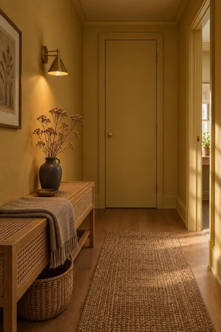 A muted mustard yellow hallway with a full-height painted linen closet door at the end and a cane bench against the side wall.