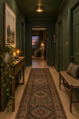 A cozy deep green drenched hallway at dusk with a warm lamp on a console, a patterned runner, and a single large framed print.