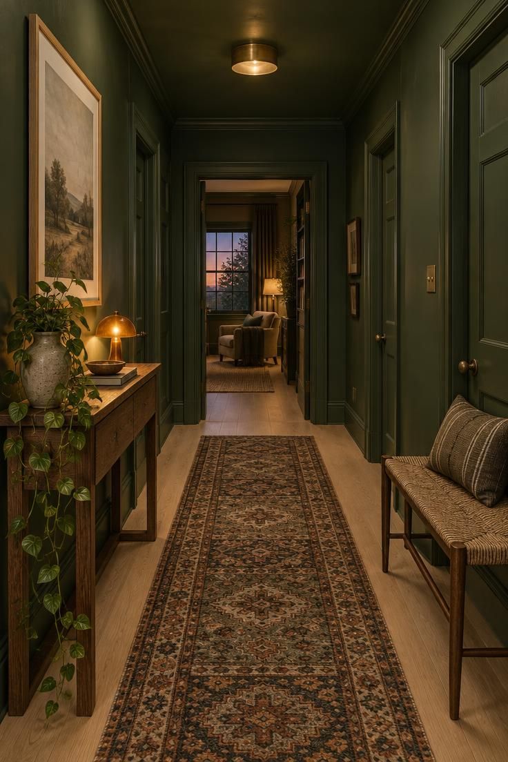 Simple Spaces 19 A cozy deep green drenched hallway at dusk with a warm lamp on a console, a patterned runner, and a single large framed print.