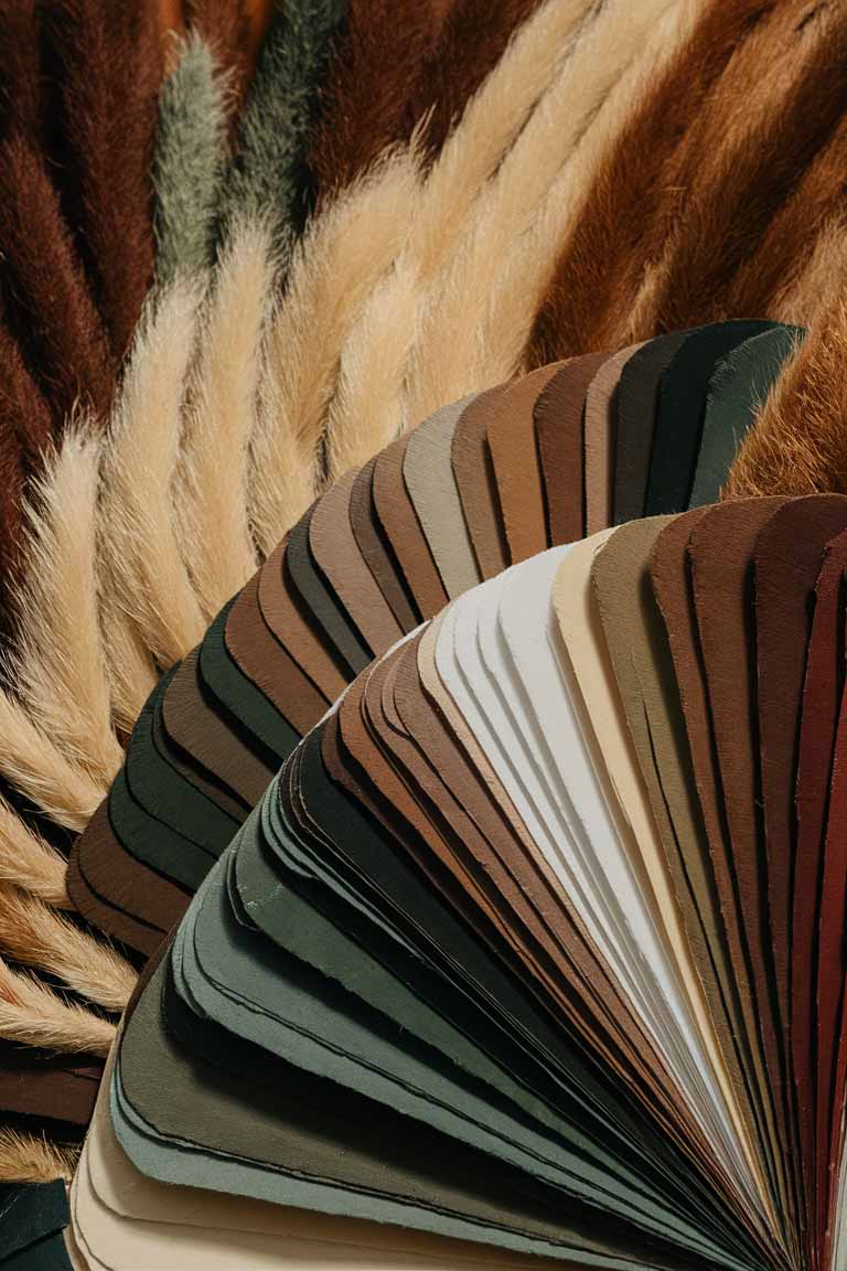 A color palette swatch featuring earthy tones like deep browns, forest greens, and warm neutrals, alongside lighter shades of cream and beige.