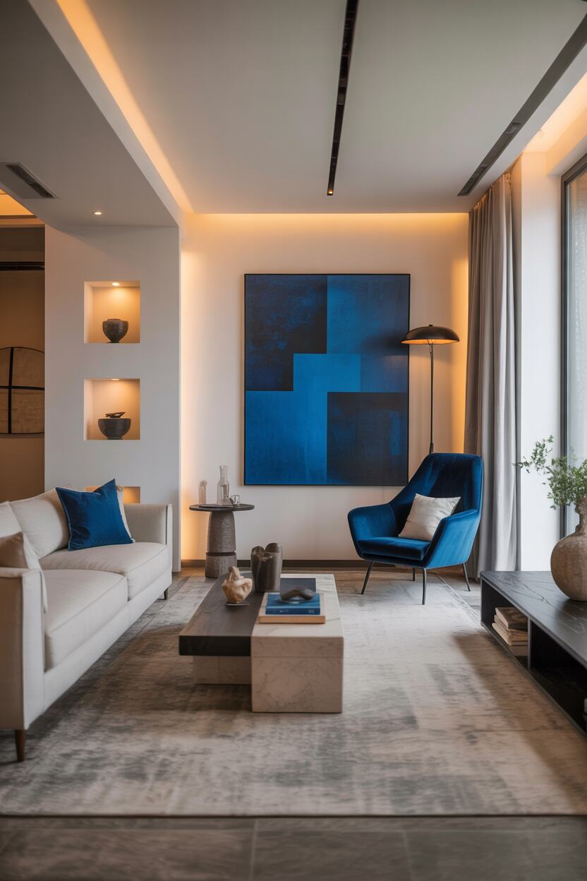 What is Modern Style Interior Design? Discover Its Benefits 3 Modern living room with neutral palette and bold blue accent pieces.