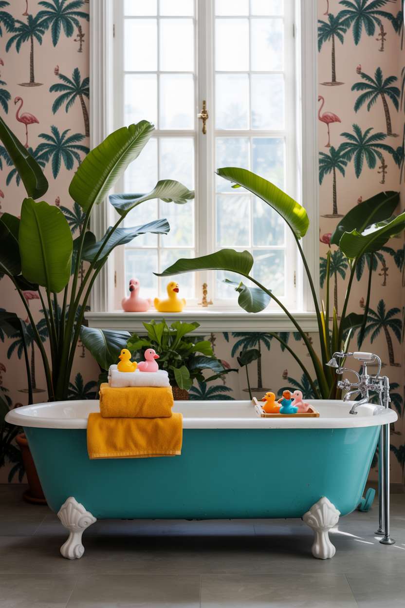 Turquoise clawfoot bathtub with yellow towels, rubber duck collection, and pink flamingo wallpaper with plants