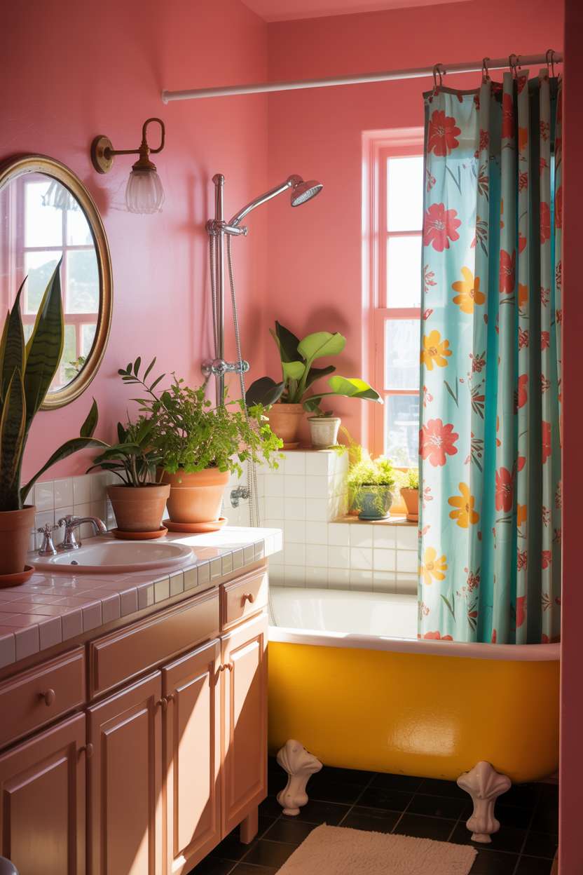 Pink-walled bathroom with yellow clawfoot tub, turquoise floral shower curtain, and potted plants on vanity