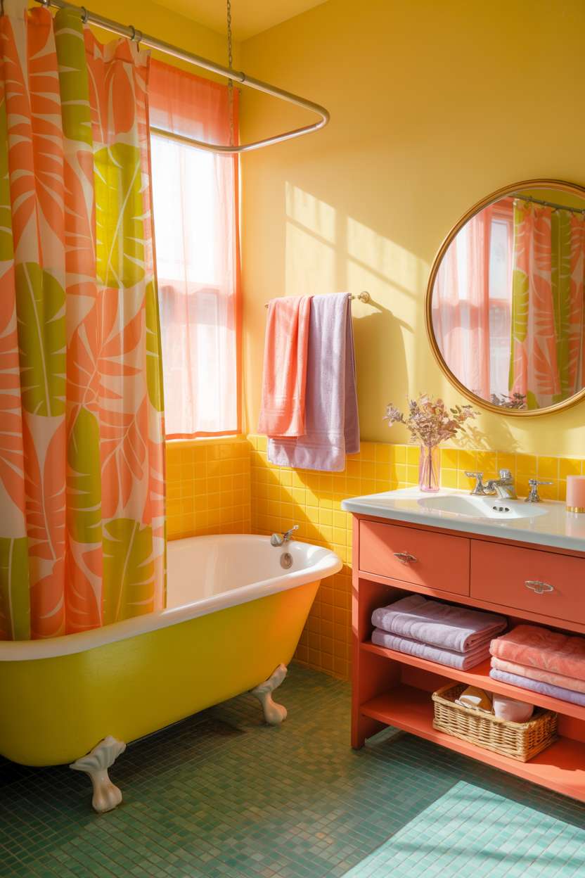 Yellow-walled bathroom with teal mosaic floor, clawfoot tub, tropical leaf shower curtain, and gold-framed mirror