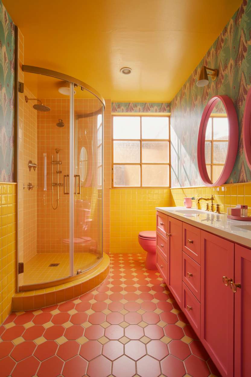 Bathroom with curved glass shower, orange tiles, pink vanity with gold fixtures, yellow walls, and hexagonal coral floor