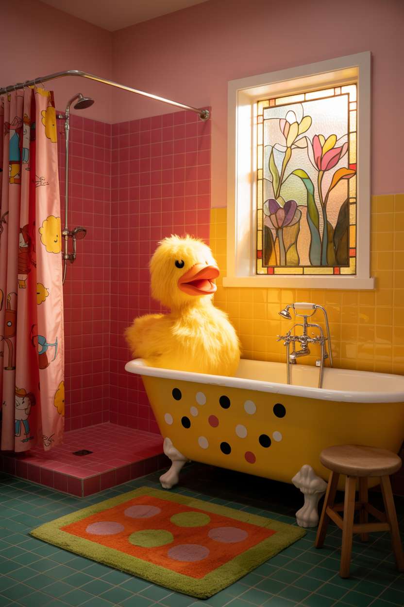 Children's bathroom with pink and yellow tiles, polka dot clawfoot tub, animal-print shower curtain, and oversized rubber duck