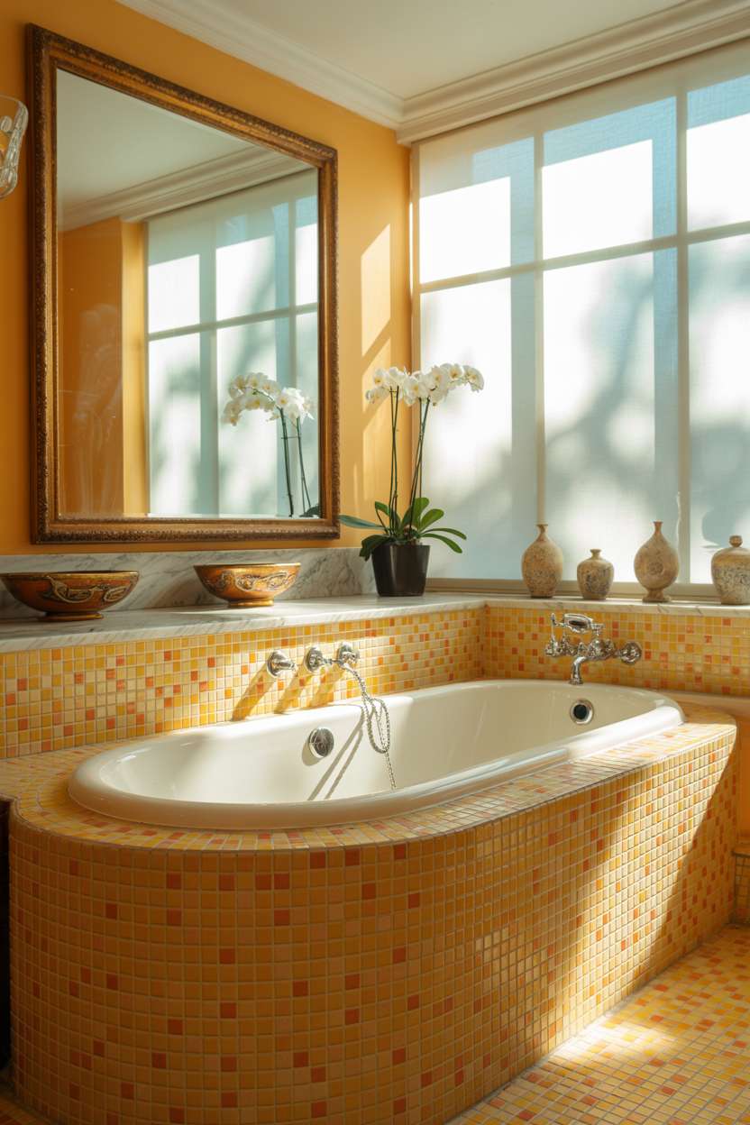 Luxury bathroom with freestanding tub surrounded by orange, yellow, and red mosaic tiles, gold mirror, and orchid plants