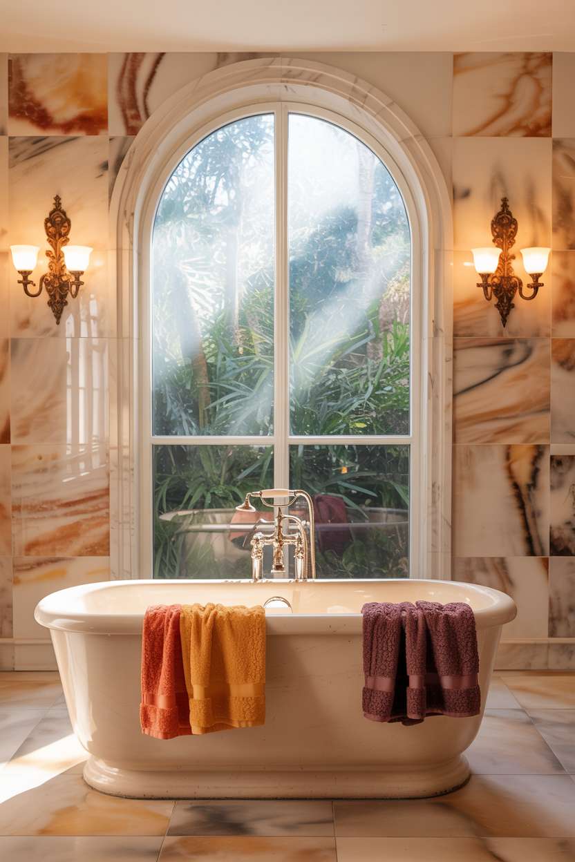Luxury bathroom with oval soaking tub, coral and purple towels, marble walls, and garden window view