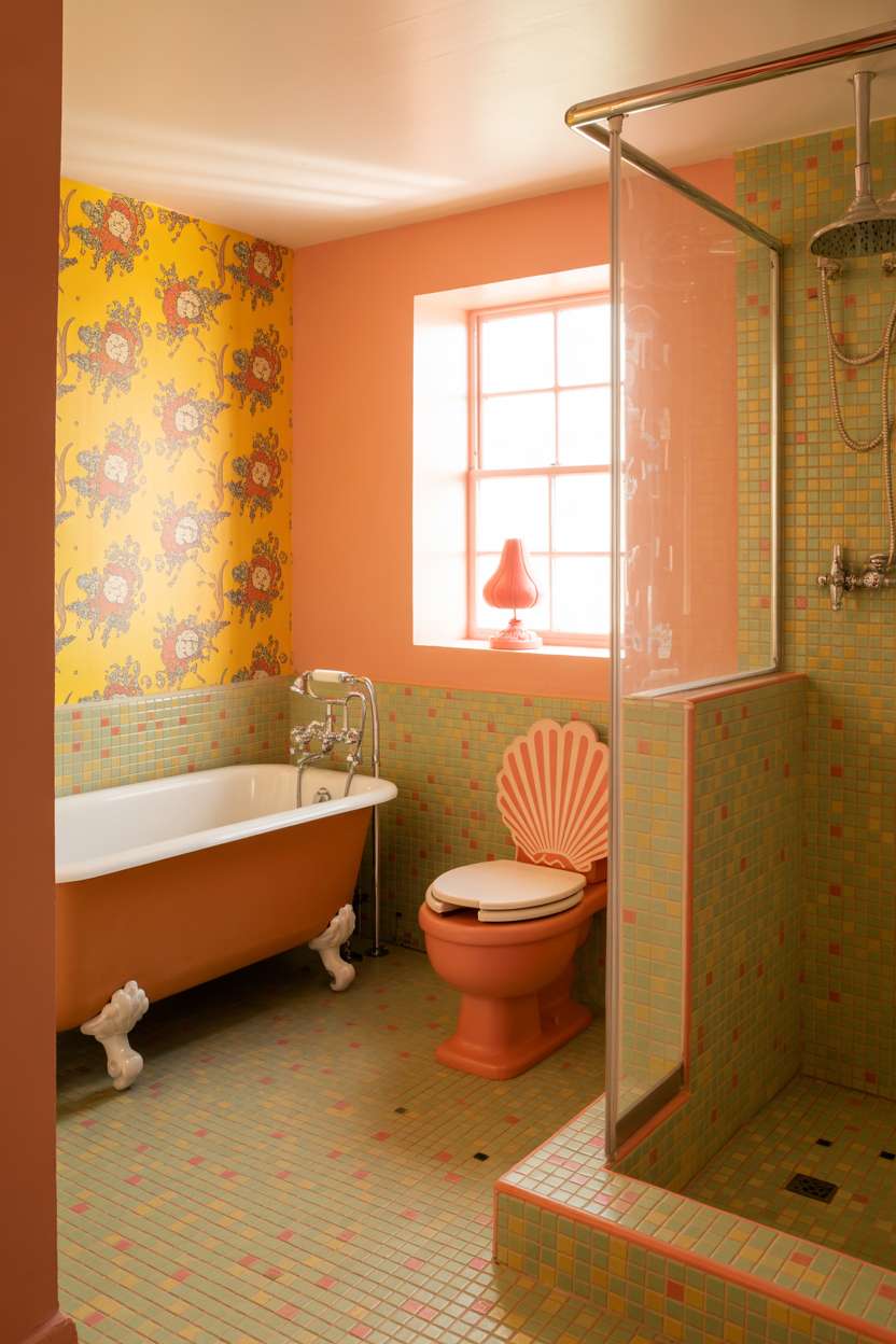 Bathroom with yellow floral wallpaper, coral seashell-designed toilet, and orange-pink-green mosaic shower