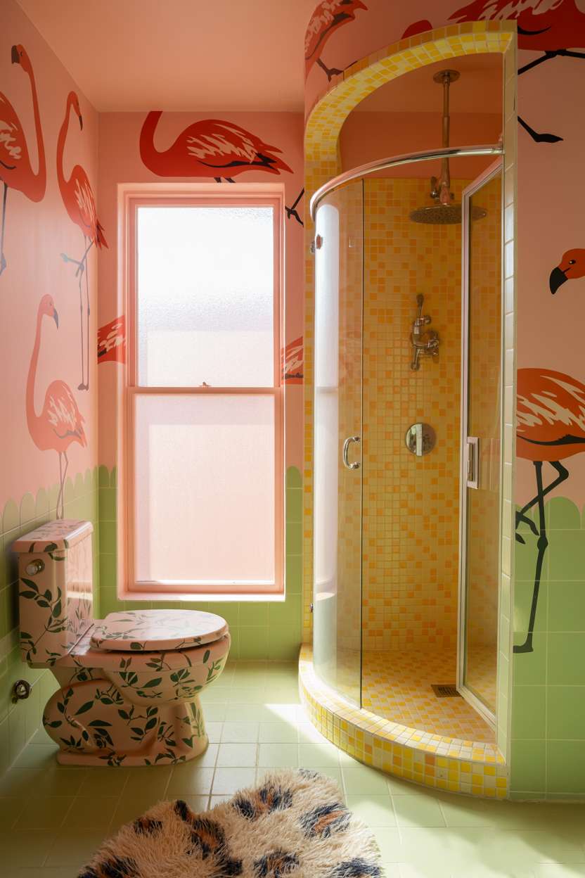 Rounded toilet with floral pattern, colorful mosaic shower, pink flamingo wallpaper, and patterned floor rug