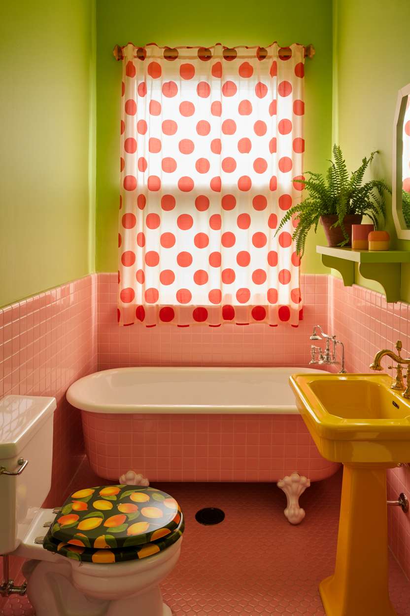 Pink-tiled clawfoot tub, yellow sink with brass faucet, lemon-patterned toilet seat, and red polka dot window curtain