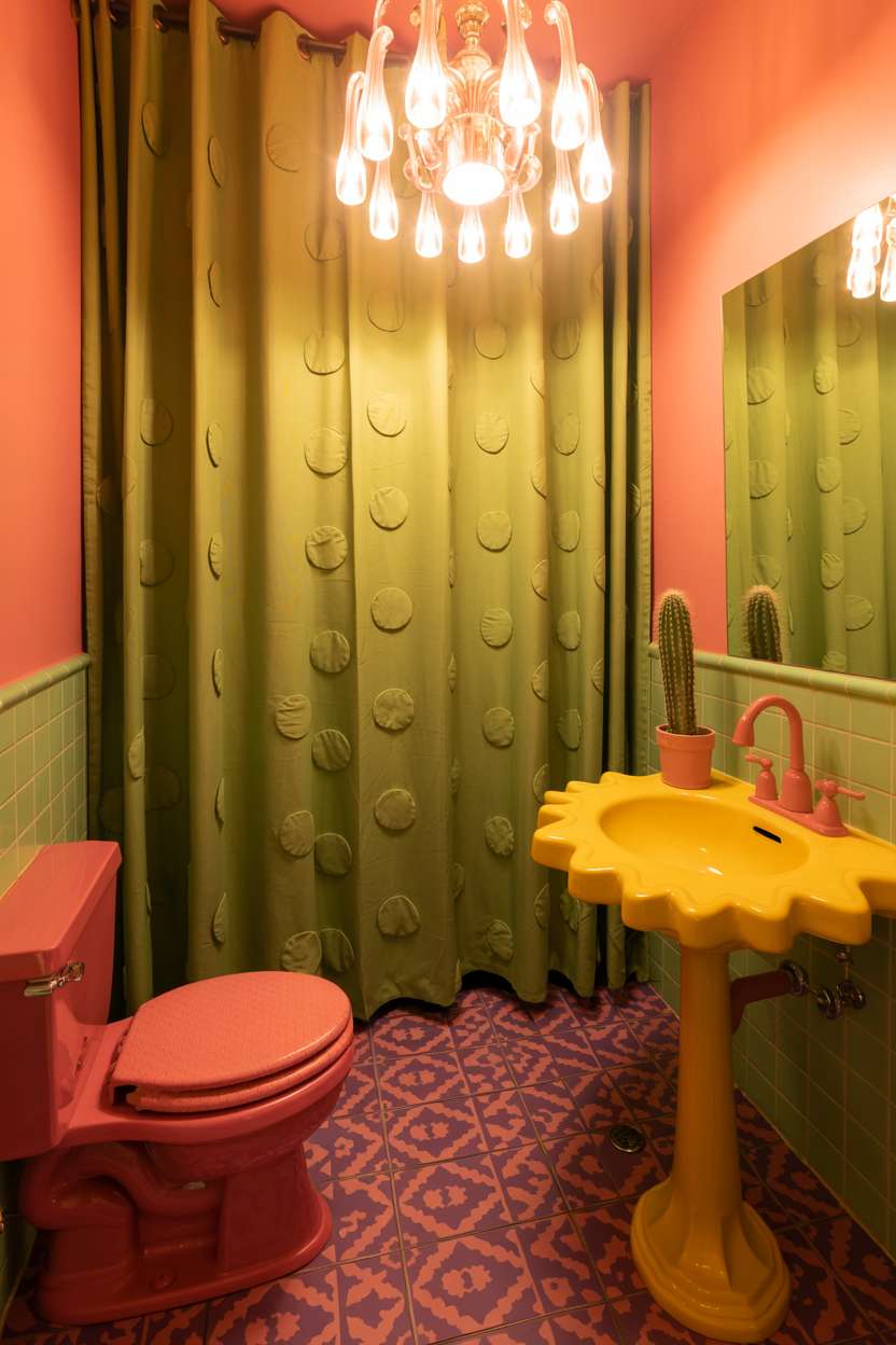 Pink toilet with cushioned seat, yellow sink with playful faucet, lime-green polka dot shower curtain, and decorative chandelier
