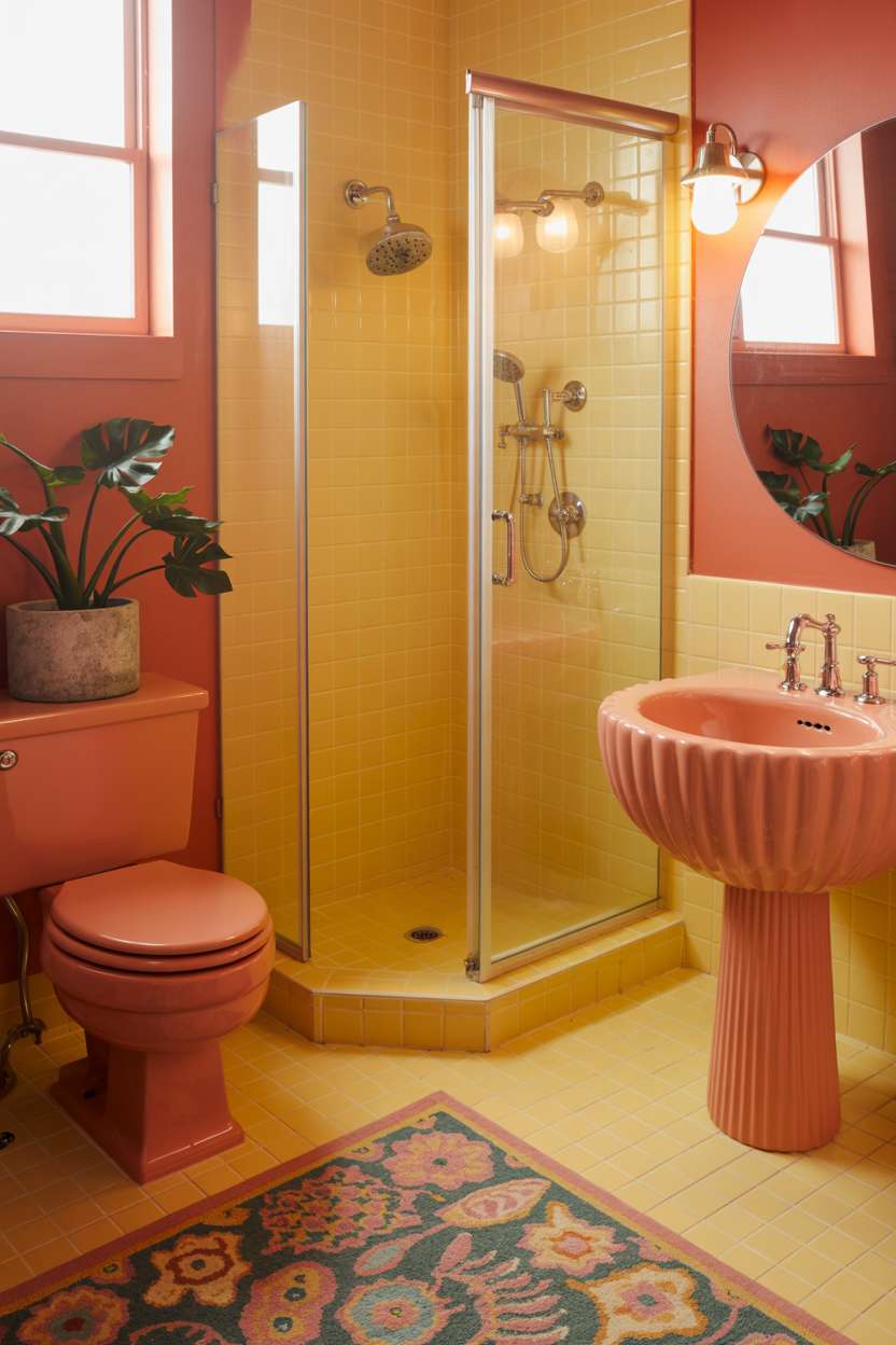 Coral toilet, seashell-shaped sink with chrome faucet, yellow-orange shower tiles, and pink-green-gold floor rug