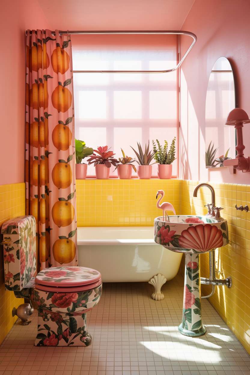 Yellow-tiled clawfoot tub, seashell sink with flamingo faucet, floral toilet, and orange lemon shower curtain