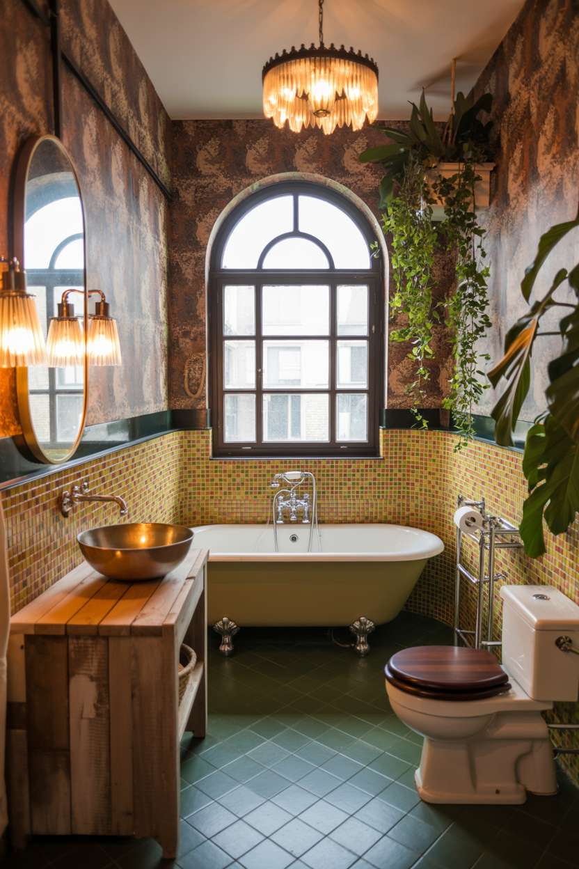 Clawfoot tub with orange-yellow-green mosaic surround, copper sink on reclaimed wood vanity, and walnut toilet seat