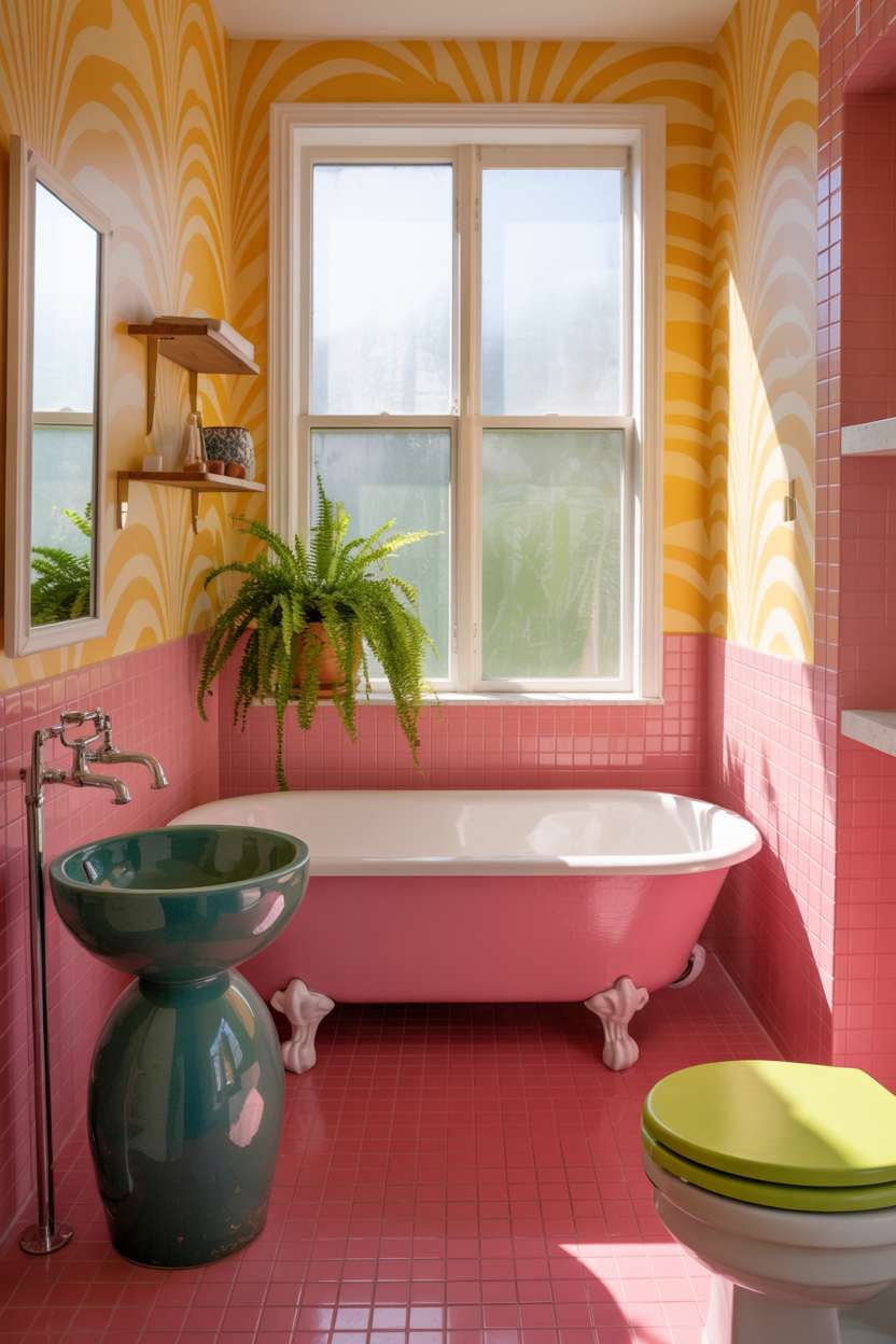 Pink-walled bathroom with turquoise ceramic vessel sink, lime-green toilet seat, and orange-yellow wallpaper